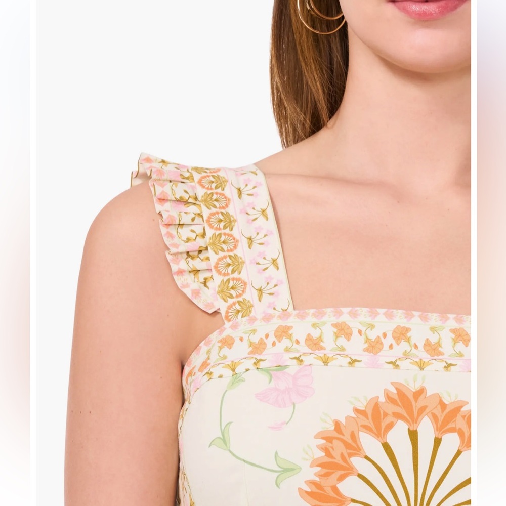CeCe White Floral Tiered Sundress with Pink and Olive Print